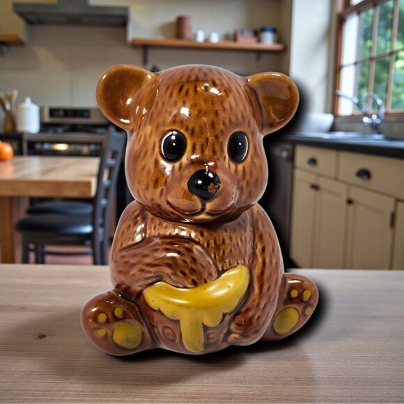 Vintage Ceramic Teddy Bear Honey Jar Brown Bear w Lid Cottagecore Cute Decor - Picture 1 of 13